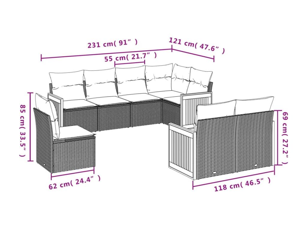 8-piece garden furniture set with grey resin wicker cushions UJLS00306