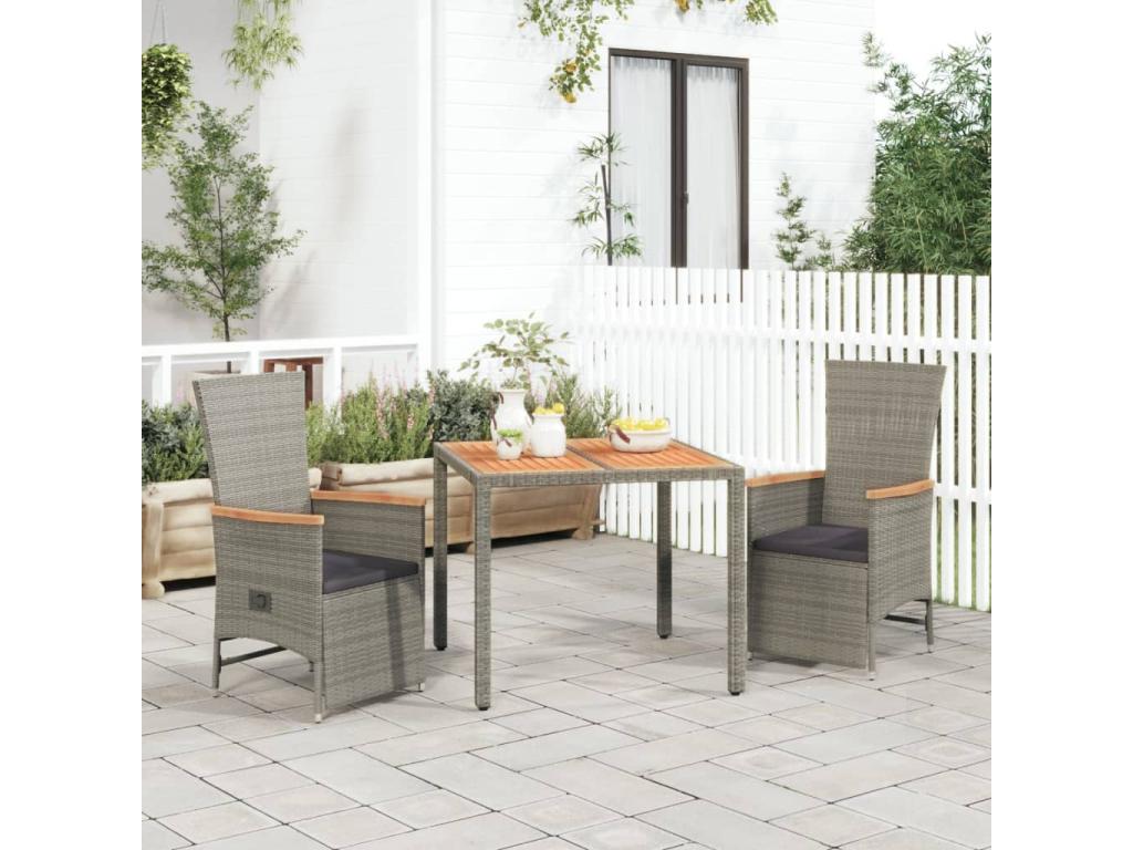 3-piece garden dining set with grey resin wicker cushions UOEK24541