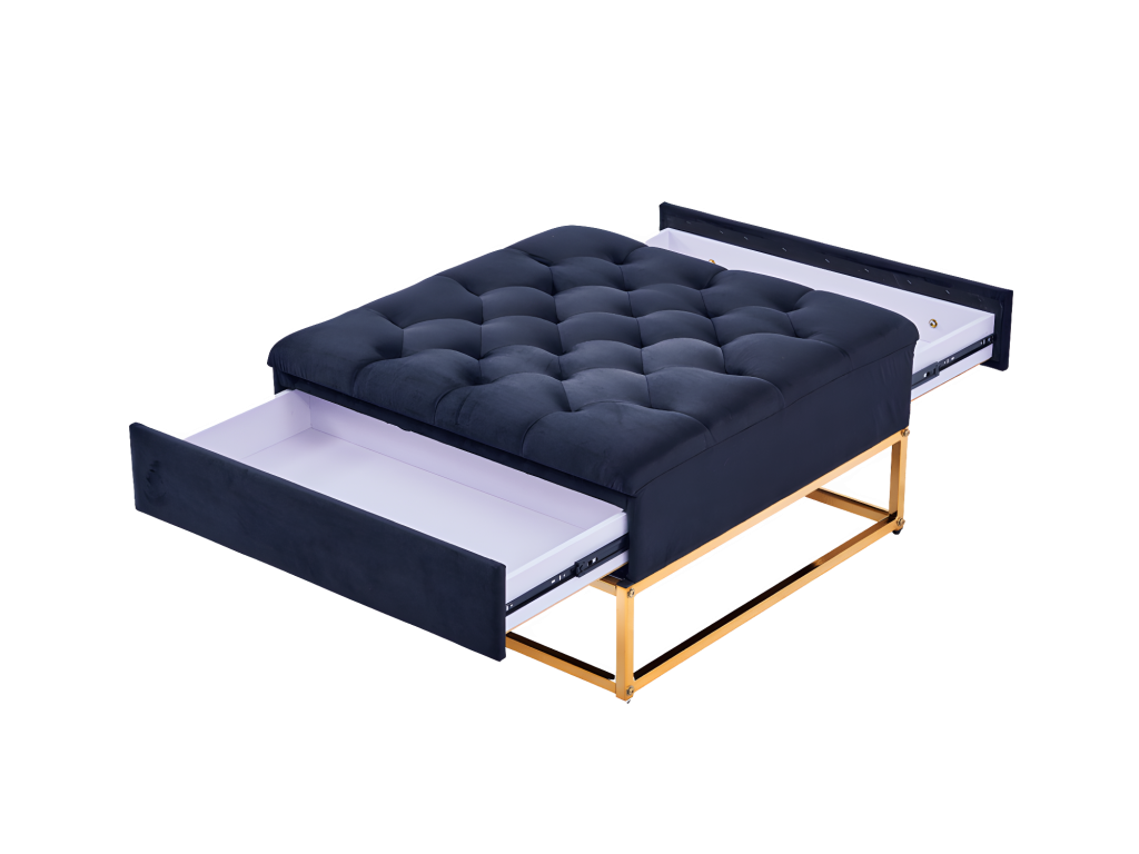 Coffee table with storage drawers, black tufted velvet top and gold legs YKFC85637