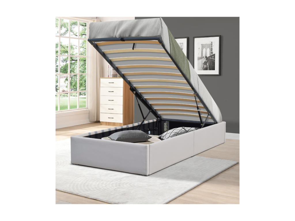 Grey Storage Bed 90x190cm with Legs, Quick Assembly, Easy-Clean PVC Upholstery ZVQW49189