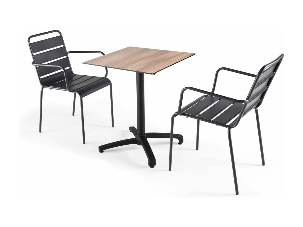 Oak laminate patio table and 2 grey armchairs set XGLX03345