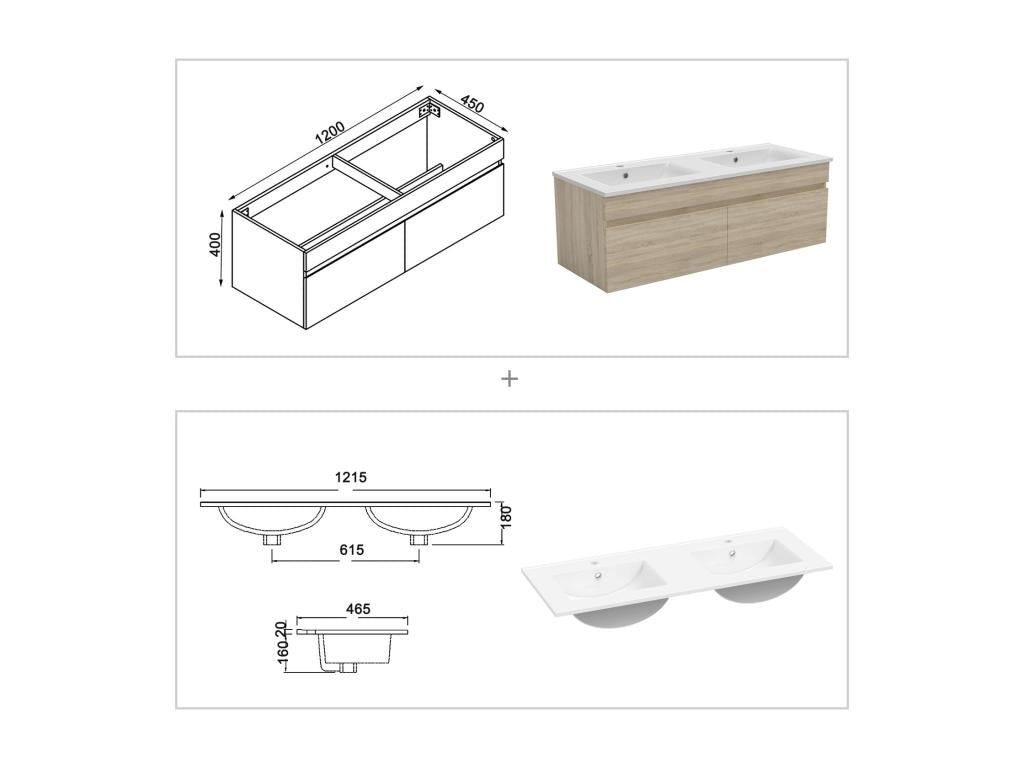 120cm double vanity unit with illuminated mirror column, 3 dimmable colours, Elariva oak XPLP36579