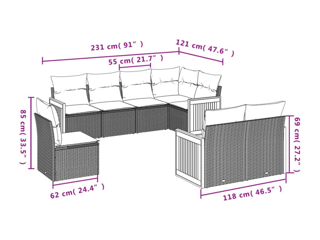 8-piece garden furniture set with cushions, black resin wicker RNSV12408