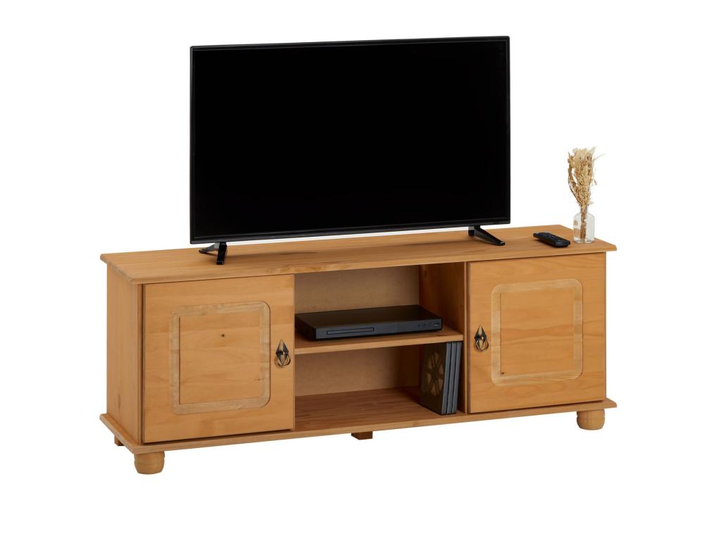 Elariva 134cm country-style wooden TV stand/bench with 2 doors and 2 niches in stained and waxed solid pine OHFH11883