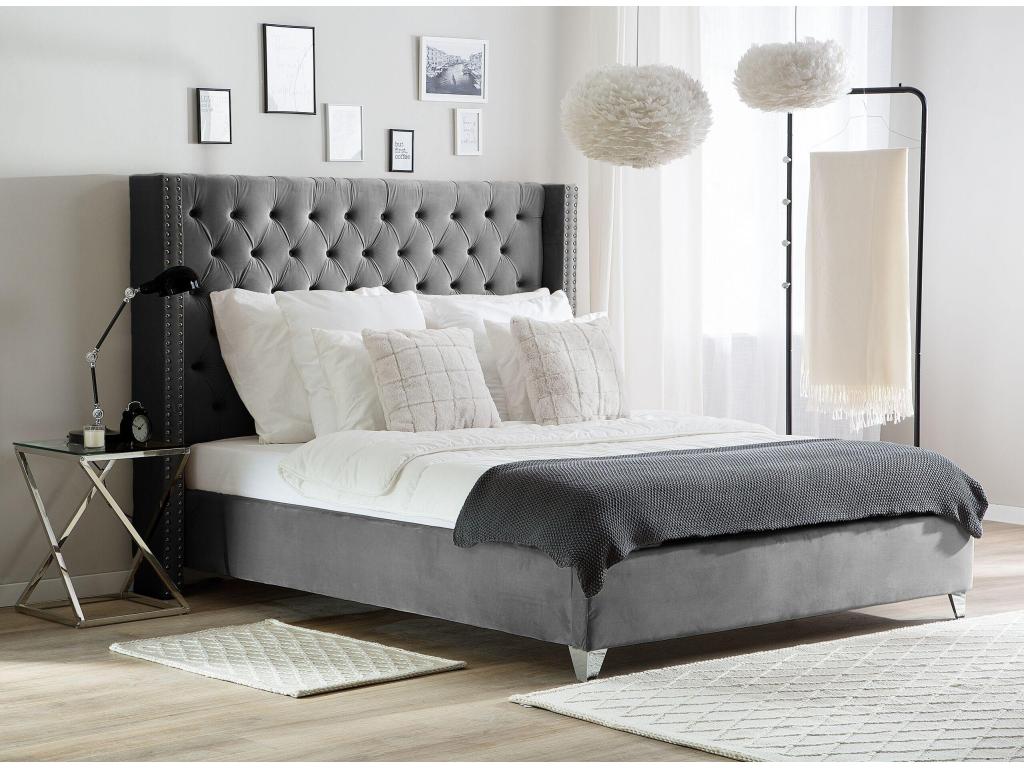 Lysvia upholstered bed in velvet - Grey - 140x190 MSEE38143