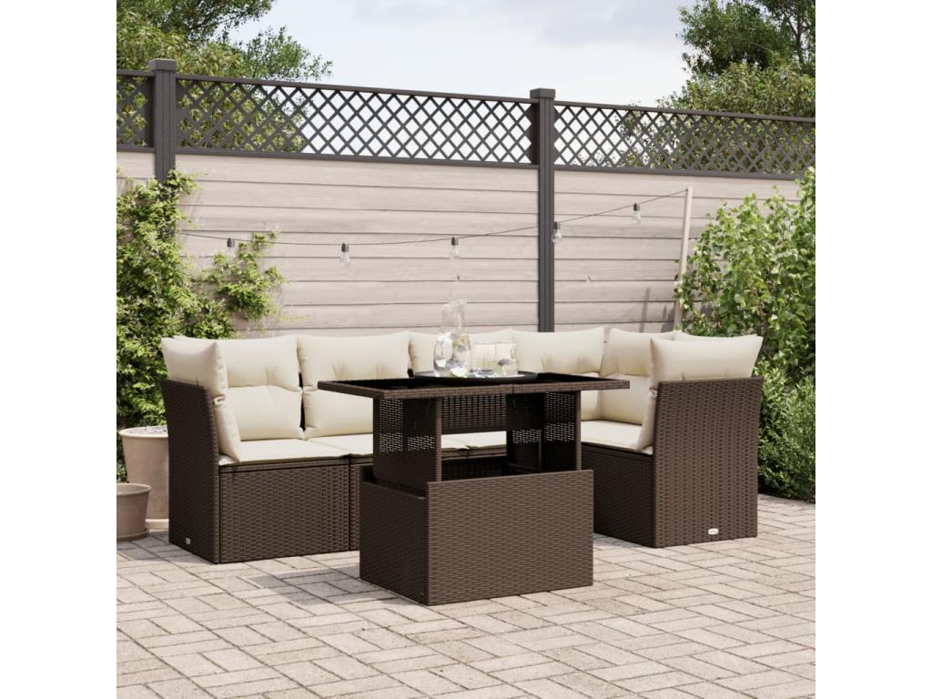 6-piece garden furniture set with cushions, brown woven resin WFBQ95460