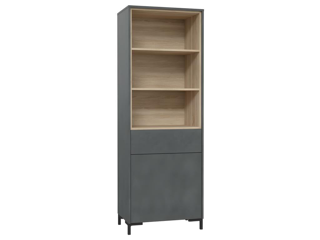 Tall shelf in light oak grey concrete finish with black metal legs - Lysvia SAHA88915