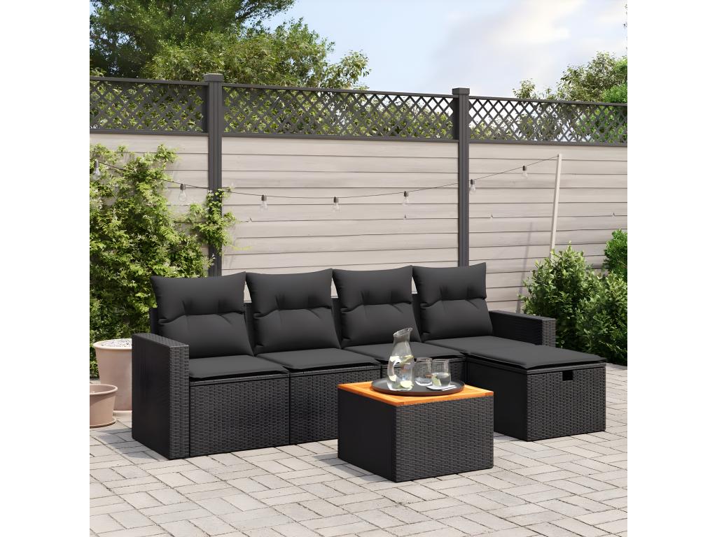 6-piece garden furniture set with cushions, black woven resin HRMX23915
