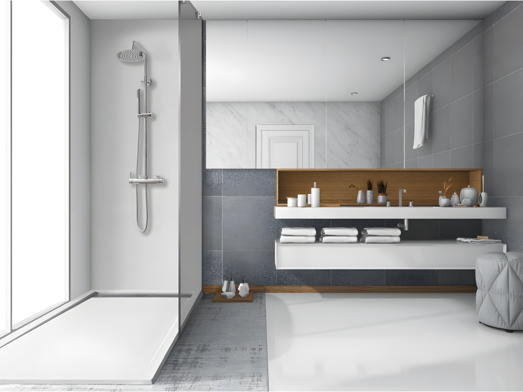 Shower tray 70x125 cm with grey side grate Ral 7035 in synthetic resin and marble powder with drain GOVT50015