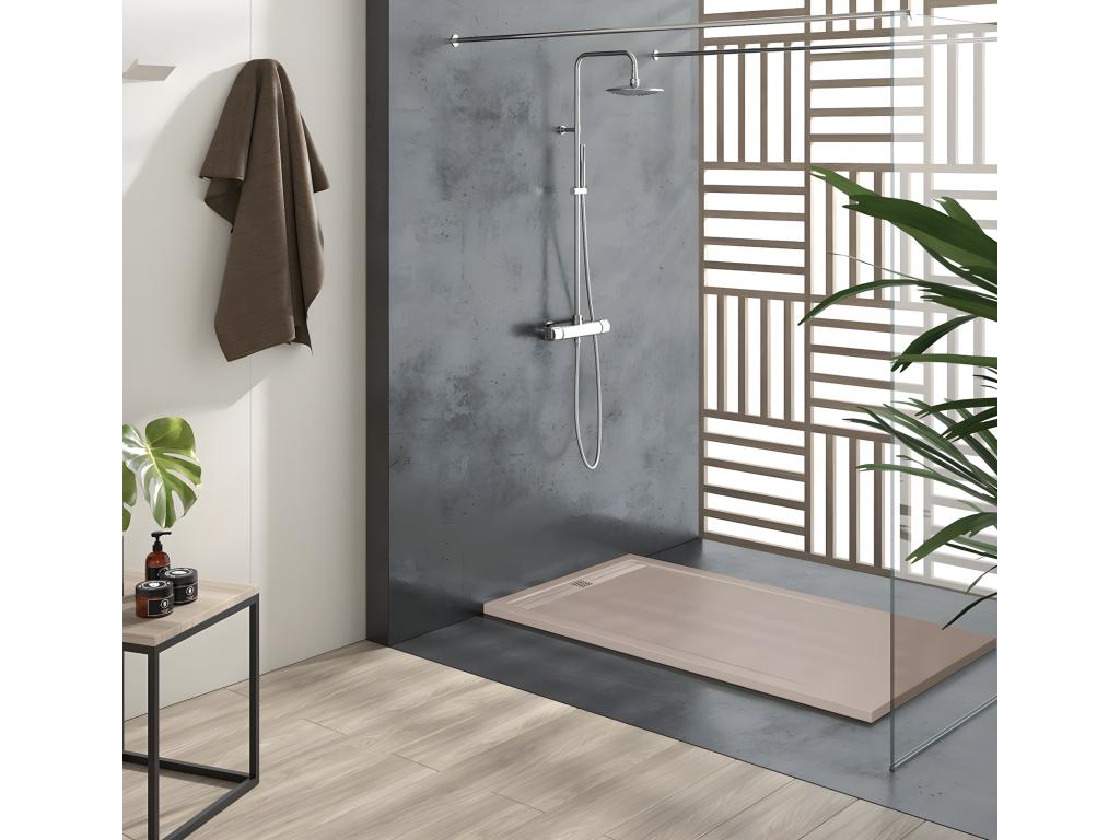 Sand-colored shower tray with smooth finish, CACH colored grate - 110x90 cm QBFC43621