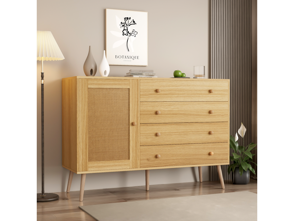 Buffet 120x40x836cm - Cabinet with 4 drawers and 1 rattan door - made of MDF PB wood - wood color NJEP64812