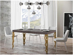 Extendable rectangular oriental table for 6 to 20 people, L 160 to 420cm, dark wood and gold metal legs, Elariva AGSS08661