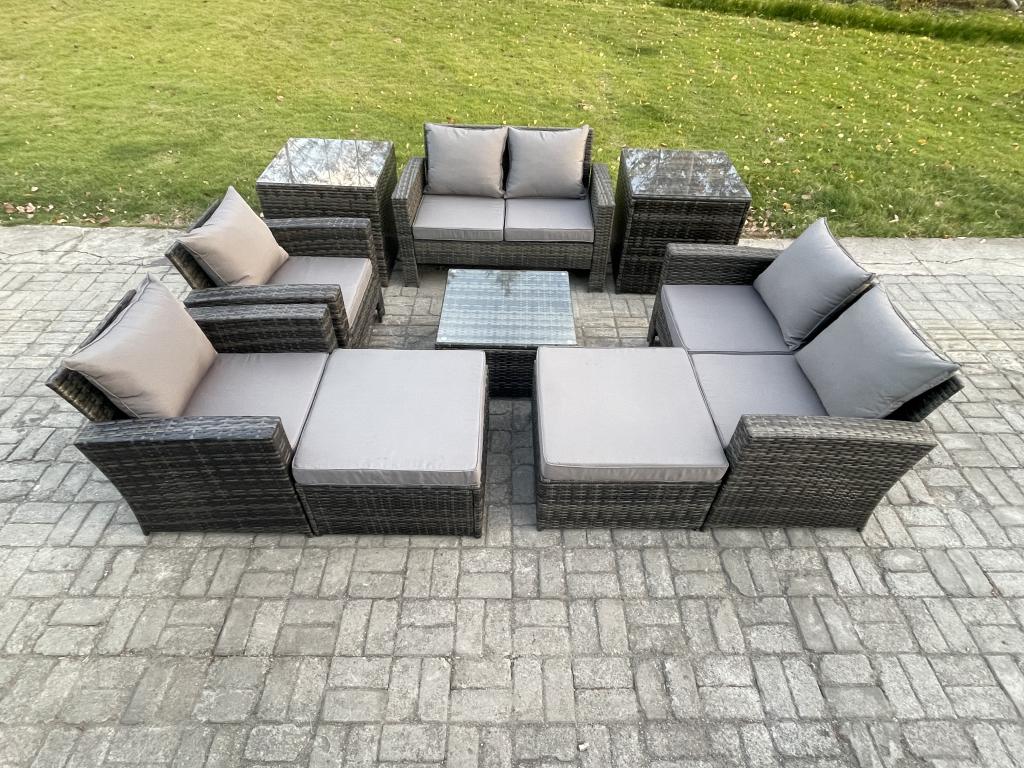 9-piece rattan garden furniture set with 2 large stools and 2 side tables, dark grey, BPGH03752