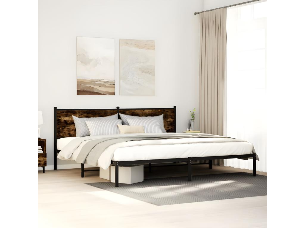 Metal bed frame with smoked oak headboard, 193x203 cm, RFDP27572