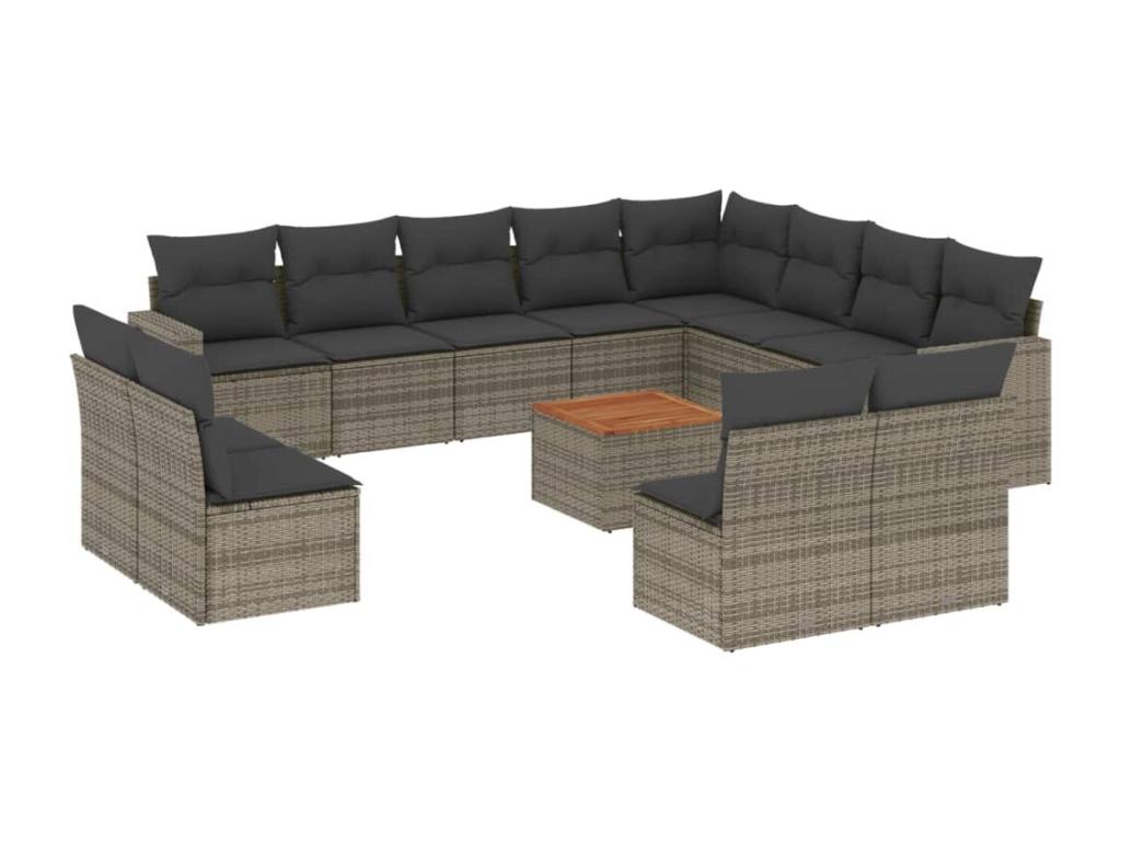 13-piece garden furniture set with cushions, grey woven resin ANQU44593