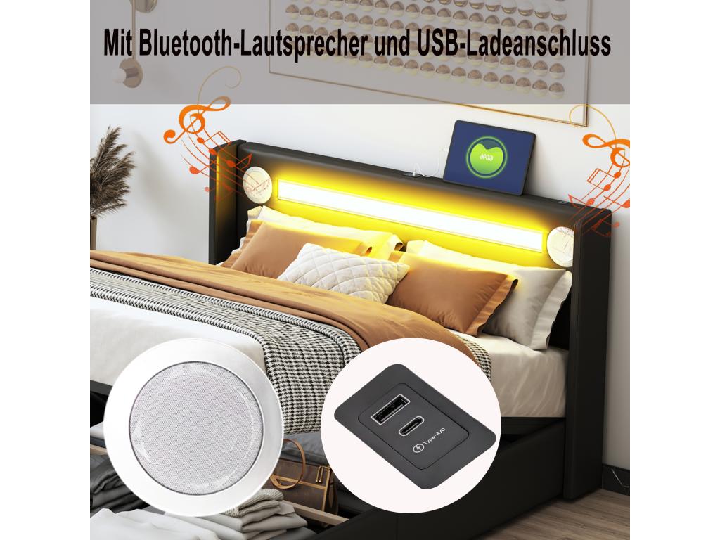 Upholstered double bed 140x200 black with LED lighting, Bluetooth player and USB charging, PU leather storage bed VMIH29036