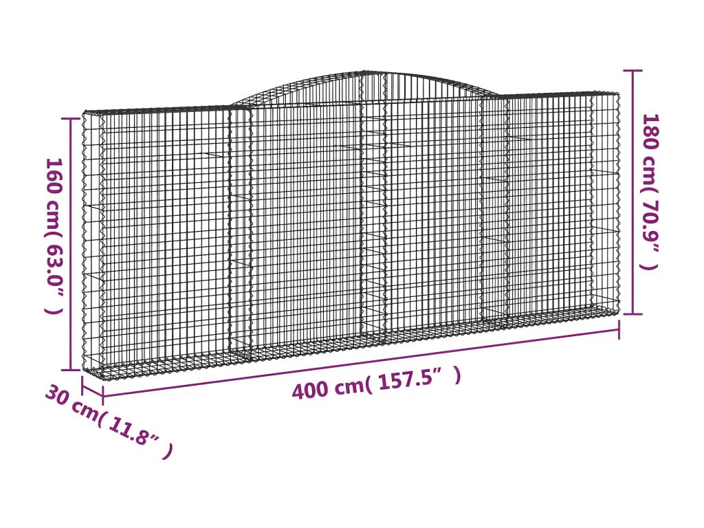 5-piece arched gabion baskets, 400x30x160/180 cm, galvanized iron SFFD17096