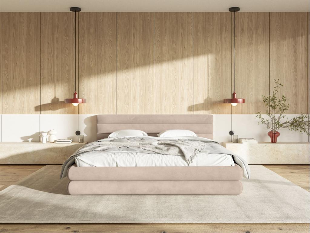 Storage bed - 140x200 cm - in beige water-repellent velvet - Elariva SSCX02735