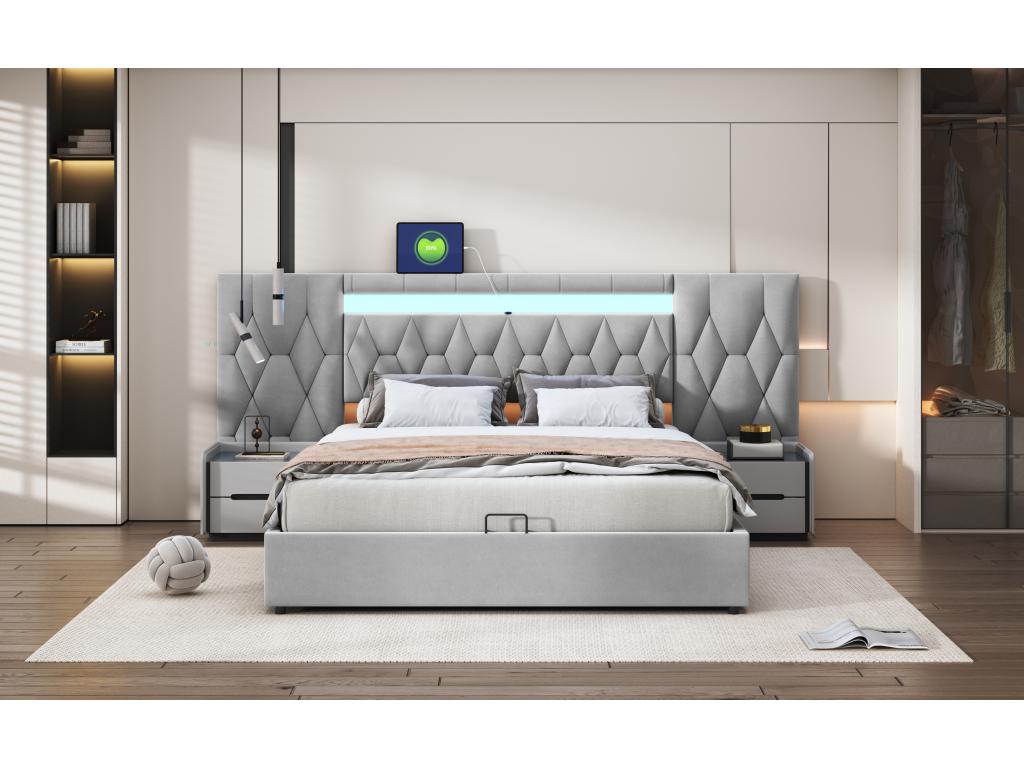 Elegant upholstered bed 160x200 cm with large velvet-padded headboard, LED and USB socket, grey JYTB02700