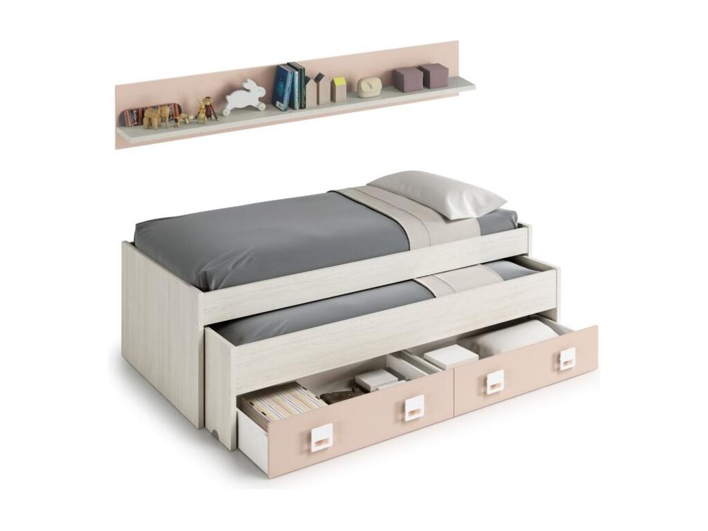 Double Bed with 2 Drawers and One Shelf, Finished in Alpine White and Pastel Pink VXYW41118
