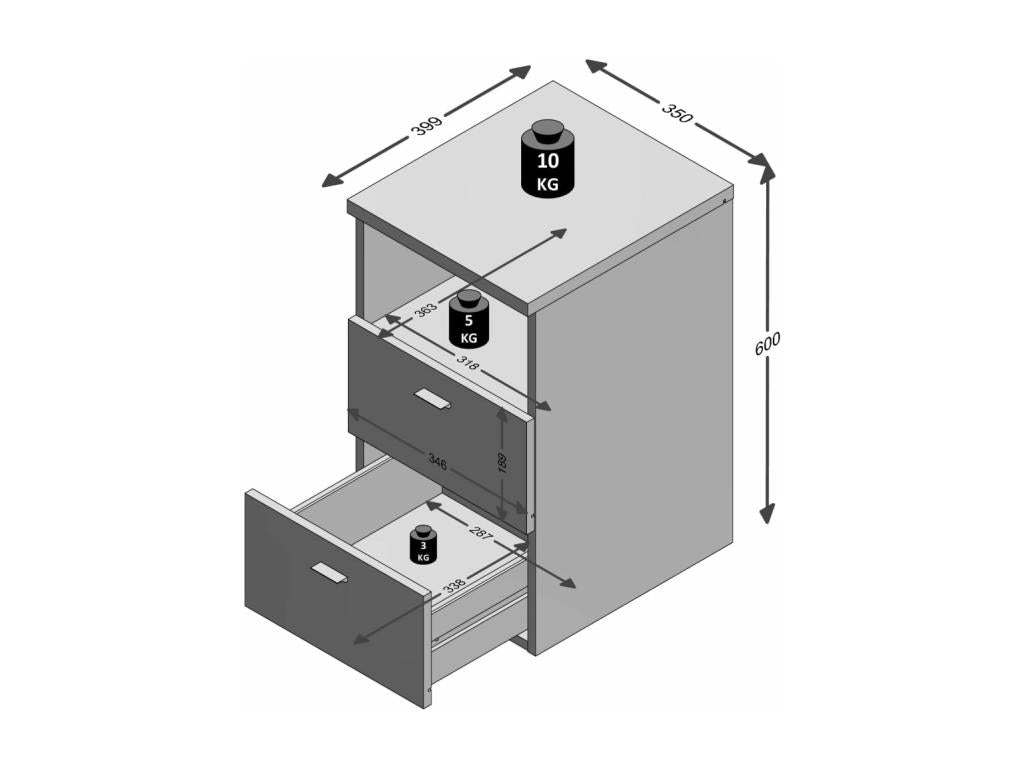 Bedside Table with 2 Drawers, 61cm, Sand Oak, WKFL53942