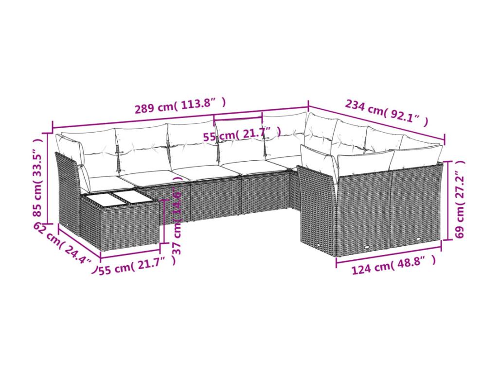 10-piece garden furniture set with cushions, beige woven resin NYDR39579