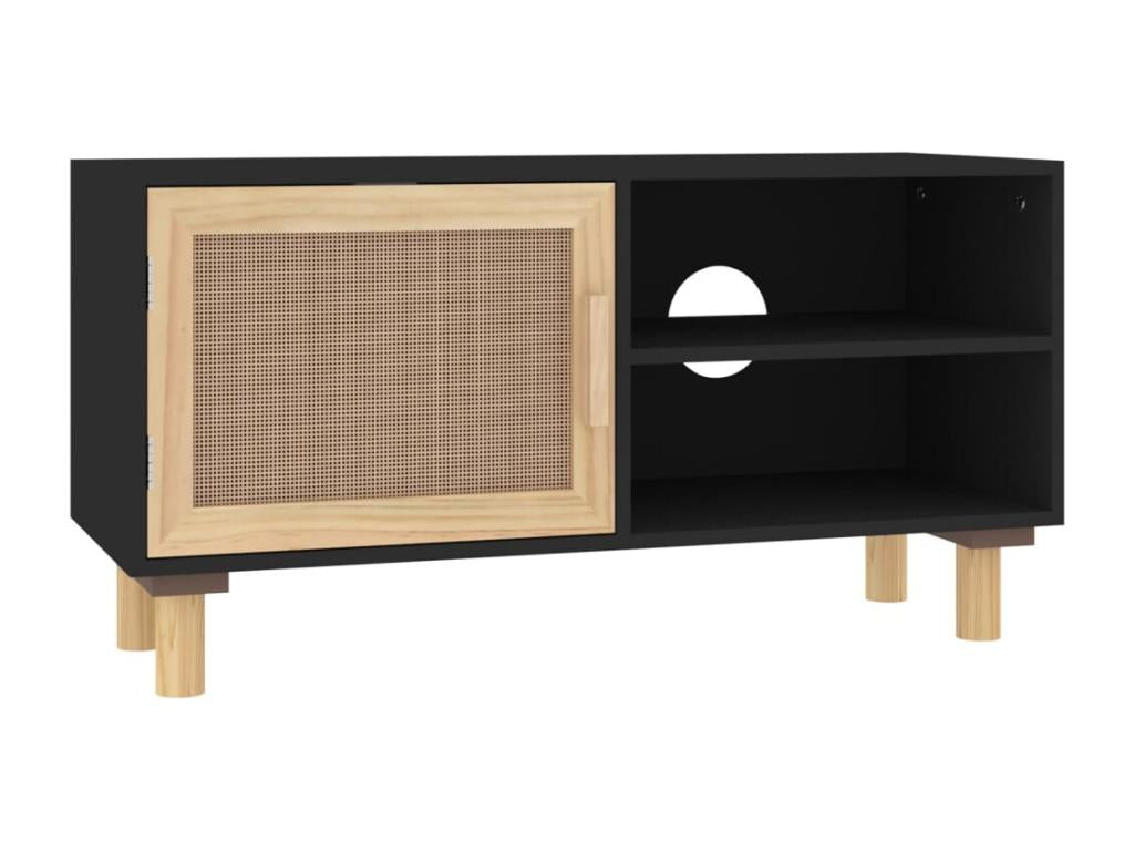 Black TV stand 80x30x40 cm Solid pine wood and natural rattan JRYK51073