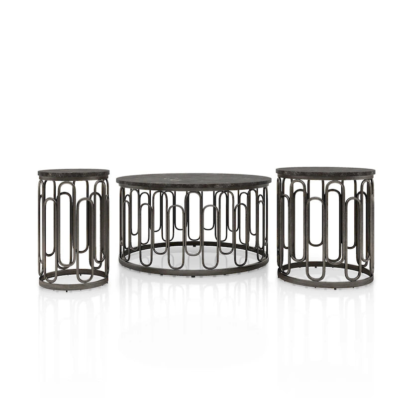 Lars Modern 3-Piece Round Table Set with Marble Top, Sturdy Decorative Metal Base by Furniture of America