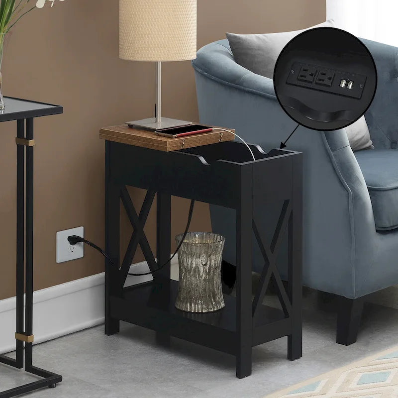 Convenience Concepts Oxford Flip Top End Table with Charging Station and Shelf