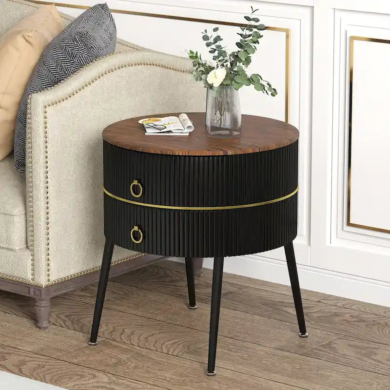 Myhozm Round End Table with Storage, Barrel-Shaped Nightstand for Living Room, Bedroom