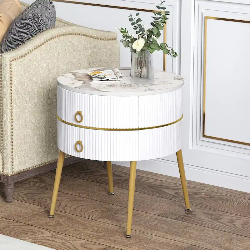 Myhozm Round End Table with Storage, Barrel-Shaped Nightstand for Living Room, Bedroom