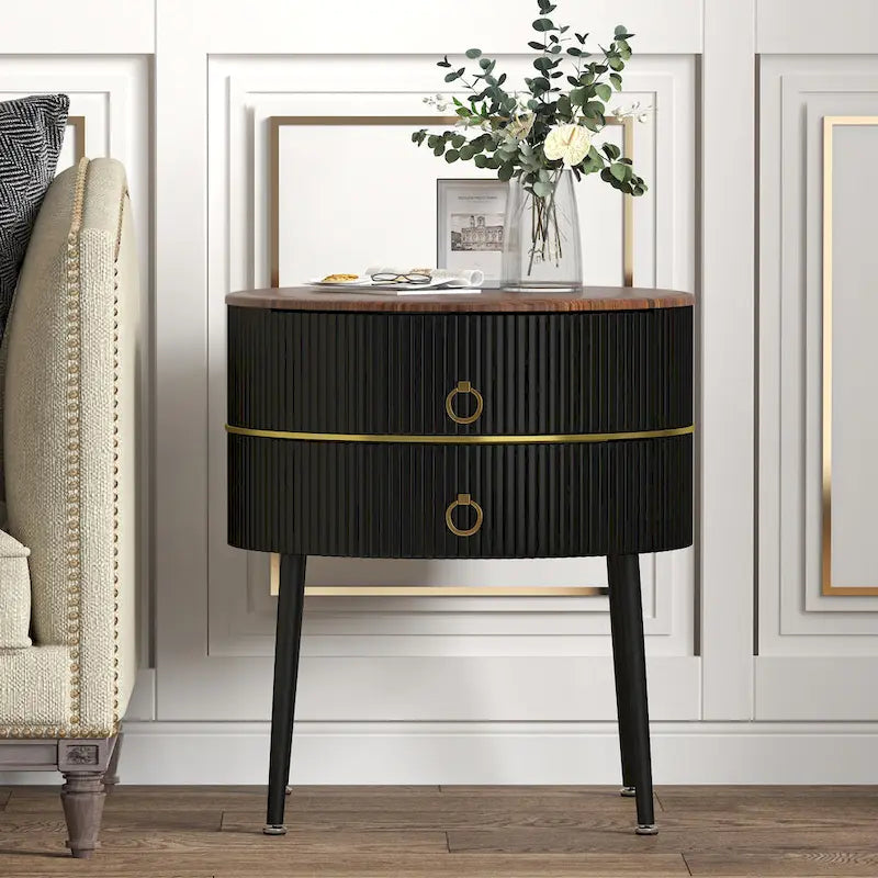 Myhozm Round End Table with Storage, Barrel-Shaped Nightstand for Living Room, Bedroom