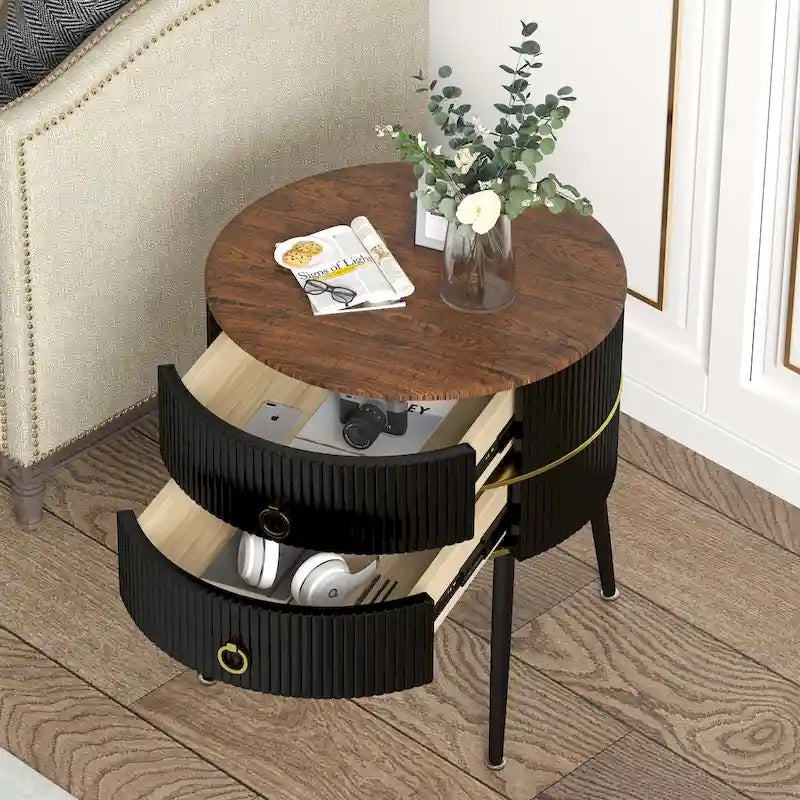 Myhozm Round End Table with Storage, Barrel-Shaped Nightstand for Living Room, Bedroom