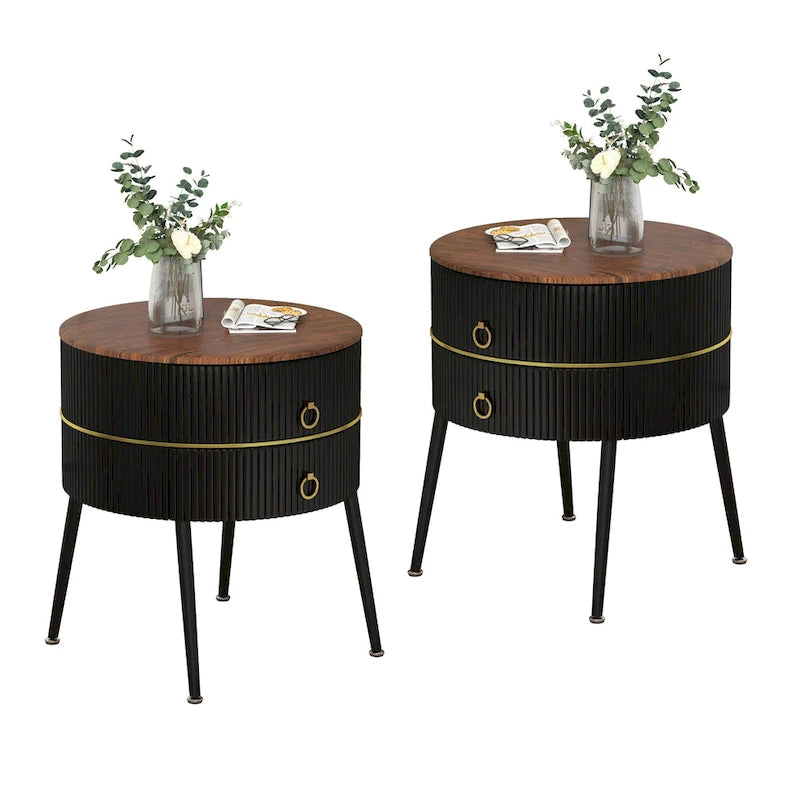 Myhozm Round End Table with Storage, Barrel-Shaped Nightstand for Living Room, Bedroom