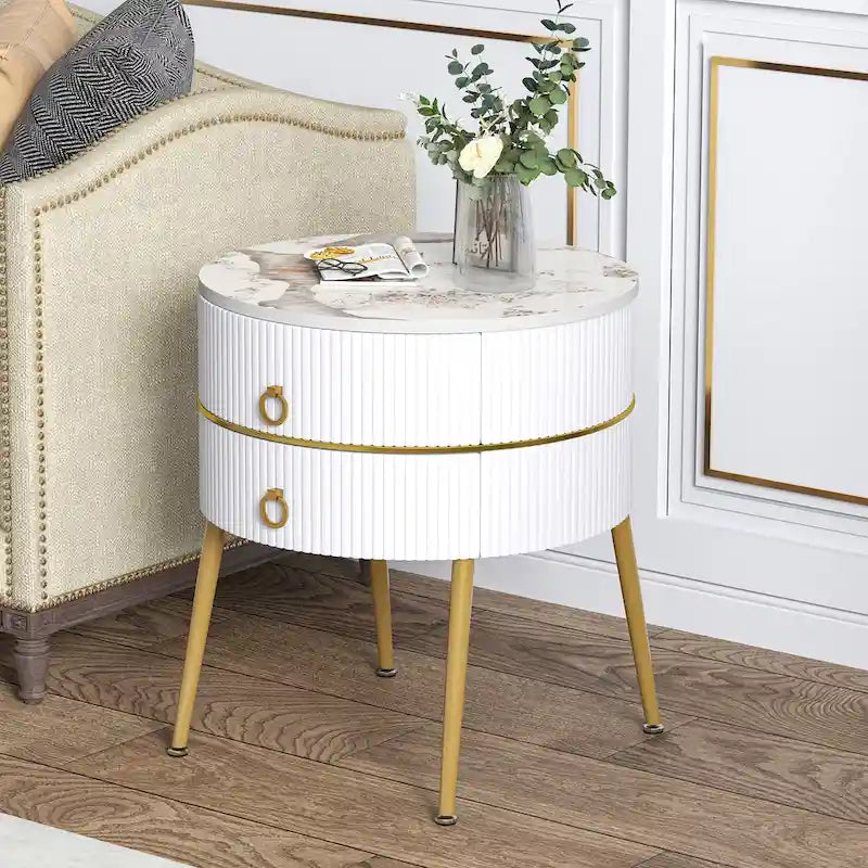 Myhozm Round End Table with Storage, Barrel-Shaped Nightstand for Living Room, Bedroom