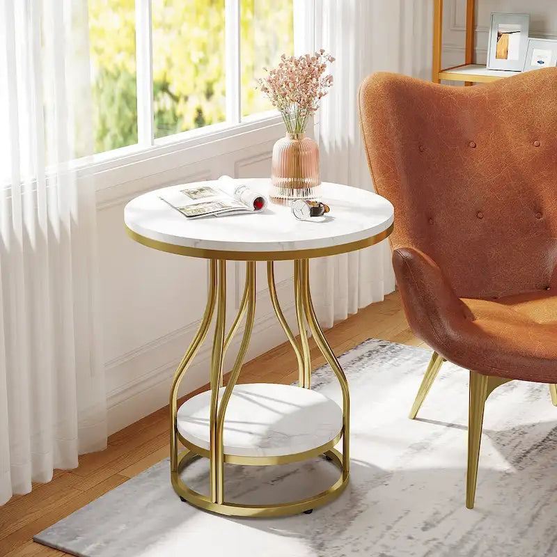 Round Side Table White Gold End Table 2-Tier End Table Modern Bedside Table Small Side Table with Storage for Living Room
