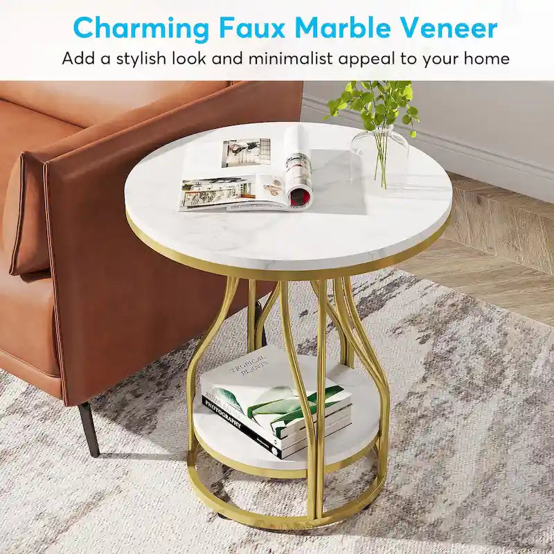 Round Side Table White Gold End Table 2-Tier End Table Modern Bedside Table Small Side Table with Storage for Living Room