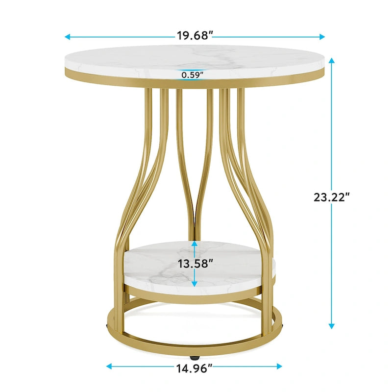 Round Side Table White Gold End Table 2-Tier End Table Modern Bedside Table Small Side Table with Storage for Living Room