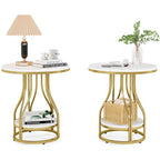 Round Side Table White Gold End Table 2-Tier End Table Modern Bedside Table Small Side Table with Storage for Living Room