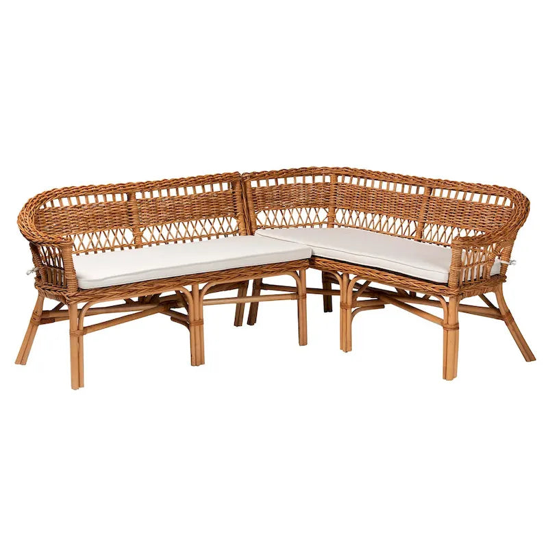 bali & pari Nella Modern Bohemian Natural Brown Rattan 2-Piece Dining Nook Banquette Set