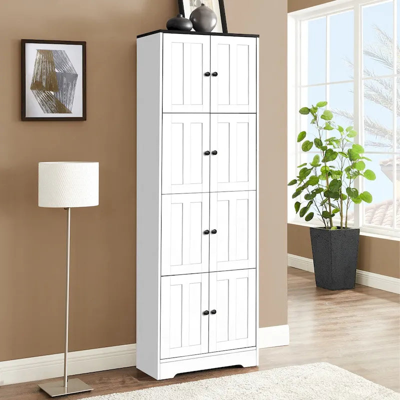 Tall Storage Cabinet with 8 Doors and 4 Shelves, Wall Storage Cabinet for Living Room, Kitchen, Office, Bedroom, Bathroom