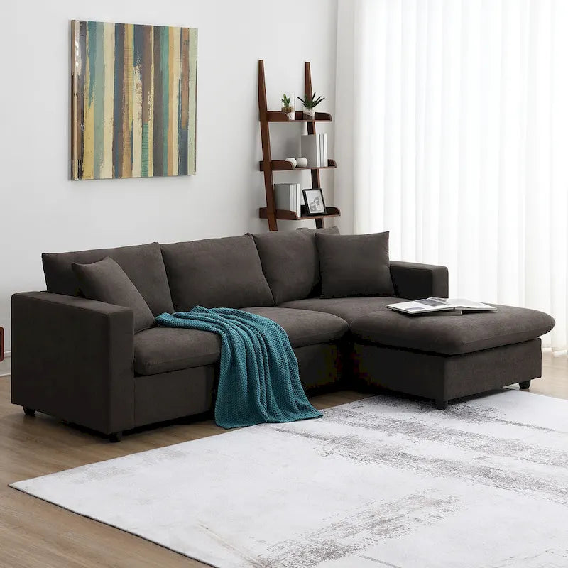 Modern 4-Seat L-Shaped Sectional Sofa, with 2 Free pillows, Convertible Ottoman
