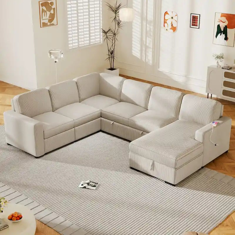 U-shaped Combination 6-Seat Corner Sofa with Storage Lounge Chair and USB Interfaces