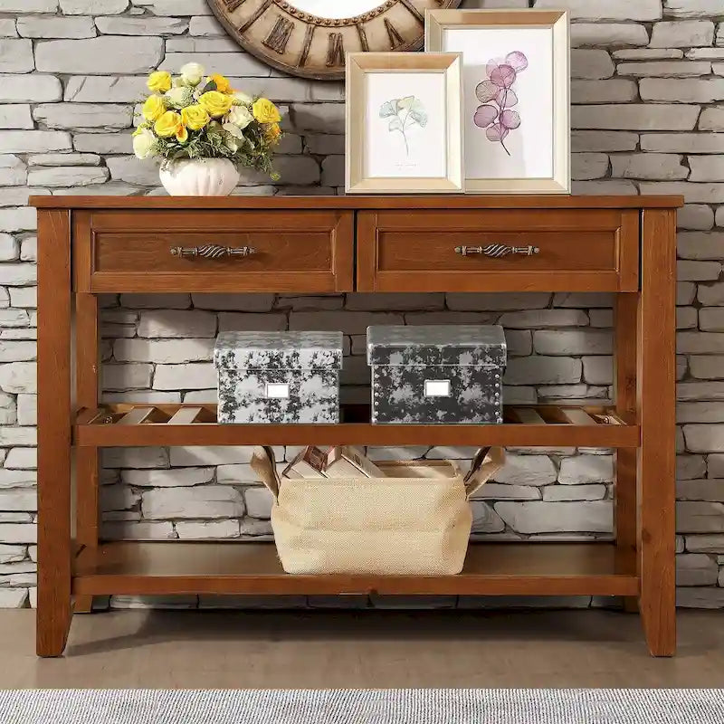 Console Sofa Table with 2 Storage Drawers and 2 Tiers Shelves, Mid-Century Style 42 Solid Wood Buffet Sideboard