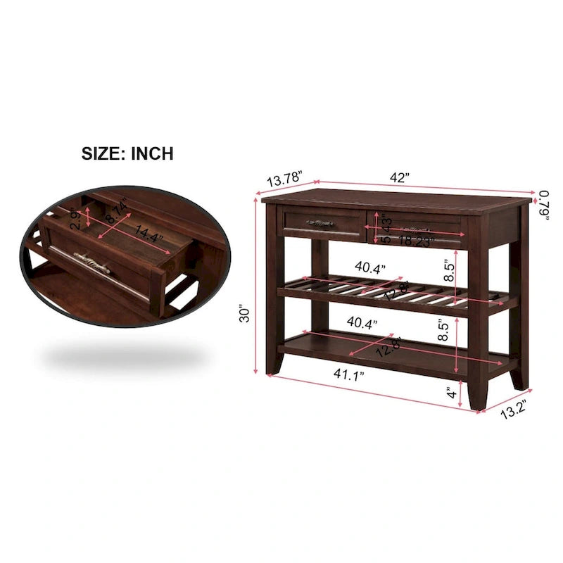 Console Sofa Table with 2 Storage Drawers and 2 Tiers Shelves, Mid-Century Style 42 Solid Wood Buffet Sideboard