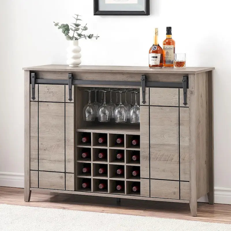 Farmhouse 47 Wine Bar Cabinet Buffet Sideboard Cabinet with 16 Bottle Wine Rack - 15.7D x 47.2W x 34.61H