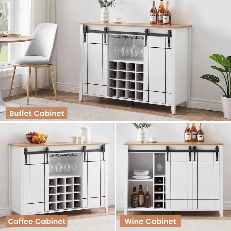 Farmhouse 47 Wine Bar Cabinet Buffet Sideboard Cabinet with 16 Bottle Wine Rack - 15.7D x 47.2W x 34.61H