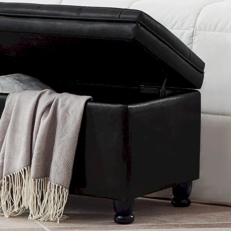 Black Upholstered Tufted Button Storage Bench with Faux Leather and Spindle Wooden Legs,Storage Ottoman Bench