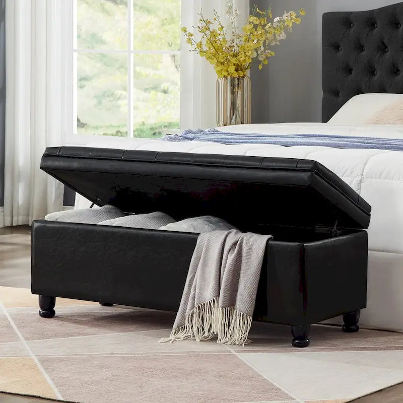 Black Upholstered Tufted Button Storage Bench with Faux Leather and Spindle Wooden Legs,Storage Ottoman Bench
