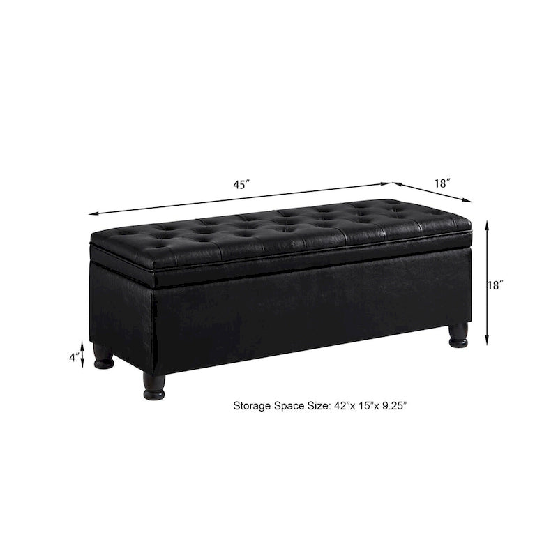 Black Upholstered Tufted Button Storage Bench with Faux Leather and Spindle Wooden Legs,Storage Ottoman Bench
